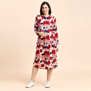 Geometric Print Maternity Shirt Midi Dress