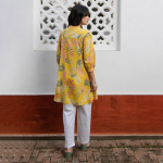 Women's Yellow Pure Cotton Tropical Gathered Tunic